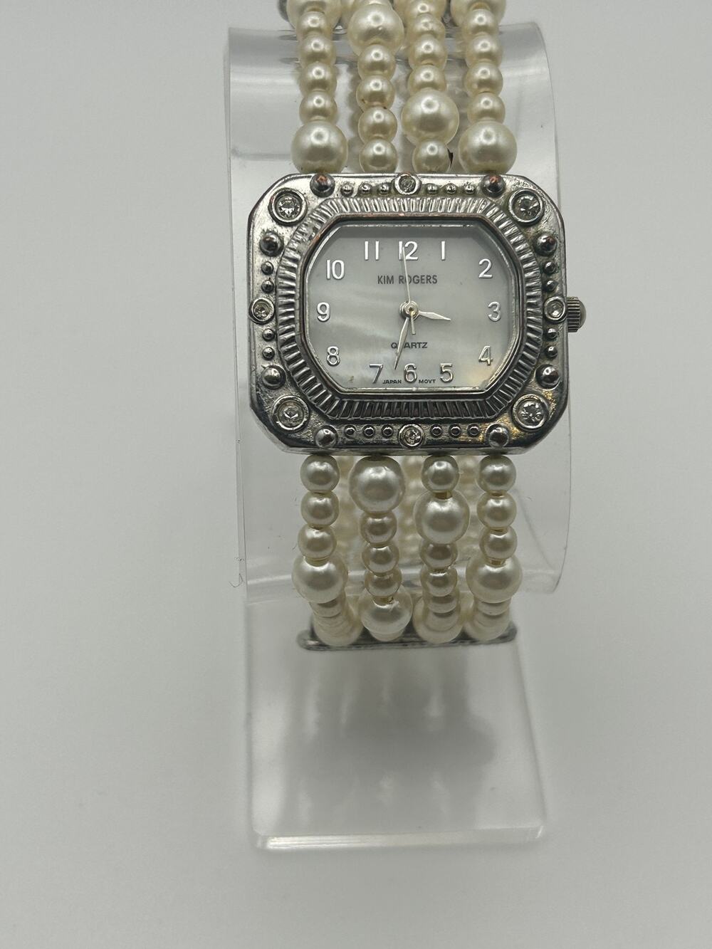Kim Rogers Pearl Rhinestone Bangle Watch Women Silver Tone Multi Strand Runs